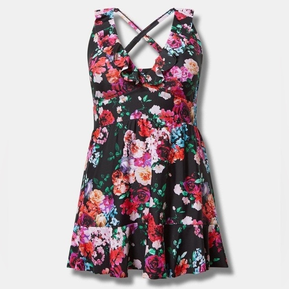 Torrid Black w/ Pink Floral Ruffle Trim One
Piece Swim Dress Size 3X - Picture 14 of 14